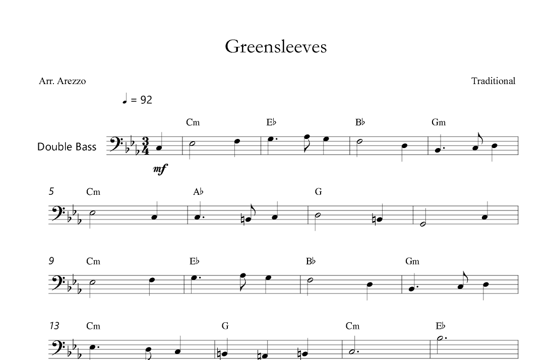 Greensleeves - Lead Sheet for Double Bass Chord Symbols (arr. Arezzo Music)