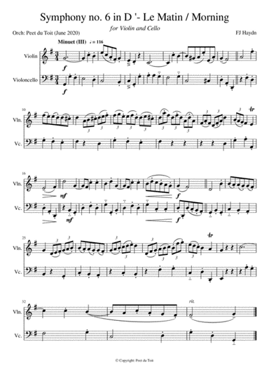 Symphony in D, no. 6 - Le Matin / Morning_Minuet (III) - FJ Haydn (Violin & Cello) (arr. Peet du Toit)