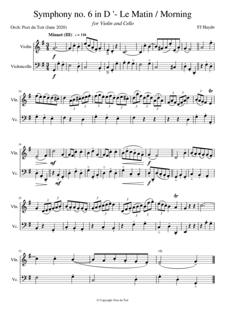 Symphony in D, no. 6 - Le Matin / Morning_Minuet (III) - FJ Haydn (Violin & Cello) (arr. Peet du Toit)