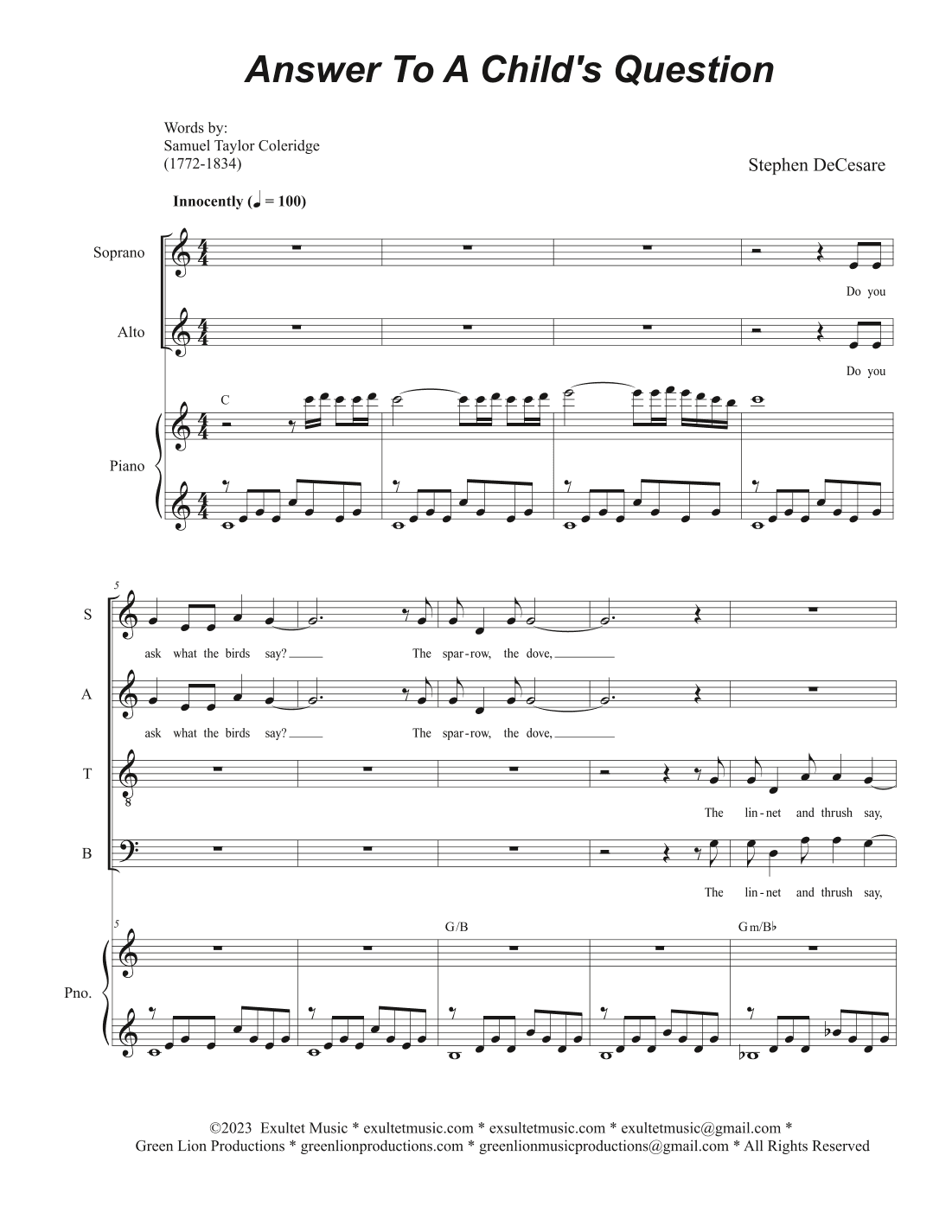 Answer To A Child's Question (Vocal Quartet - (SATB)