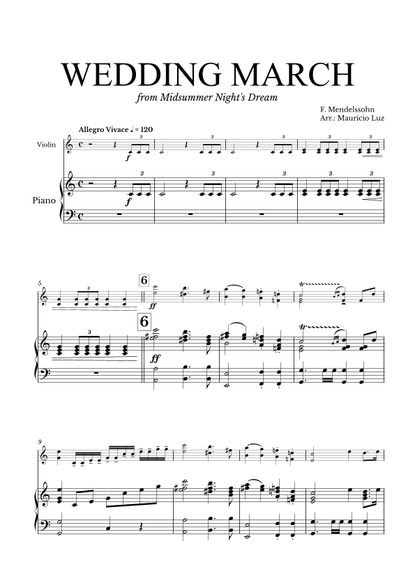 Wedding March Mendelssohn for Violin and Piano (arr. Maurício Luz)