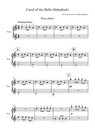 Schedryk Carol of the Bells Very Easy Piano (arr. Andrii Redchyts)