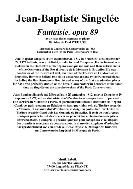 Jean-Baptiste Singelée: Fantaisie, opus 89 pour saxophone soprano et piano (arr. Musik Fabrik Music Publishing)