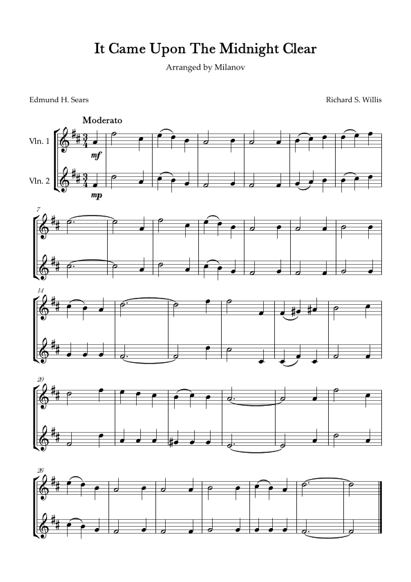 It Came Upon The Midnight Clear Violin Duet in D Melody and accompaniment Easy Intermediate (arr. Milanov)