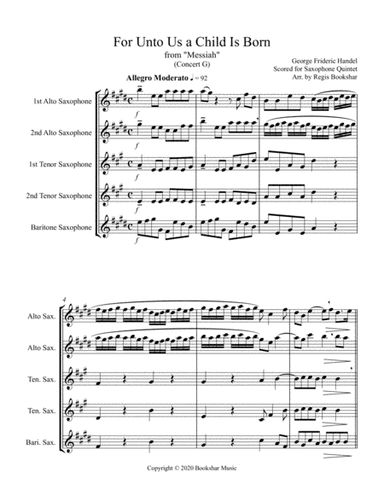 For Unto us a Child is Born (from "Messiah") (G) (Saxophone Quintet - 2 Alto, 2 Tenor, 1 Bari) (arr. Regis Bookshar)