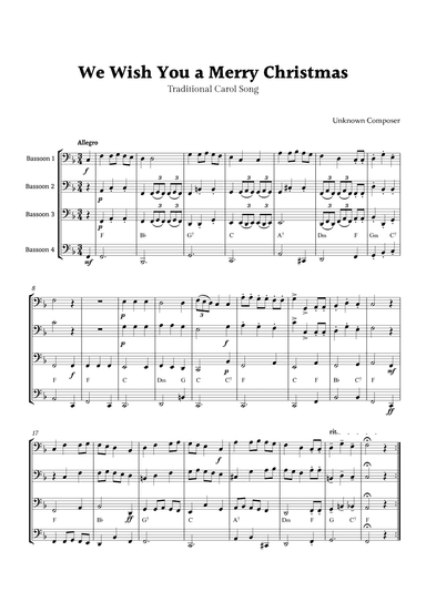 We Wish you a Merry Christmas for Bassoon Quartet  with Chords (arr. Rika K.)