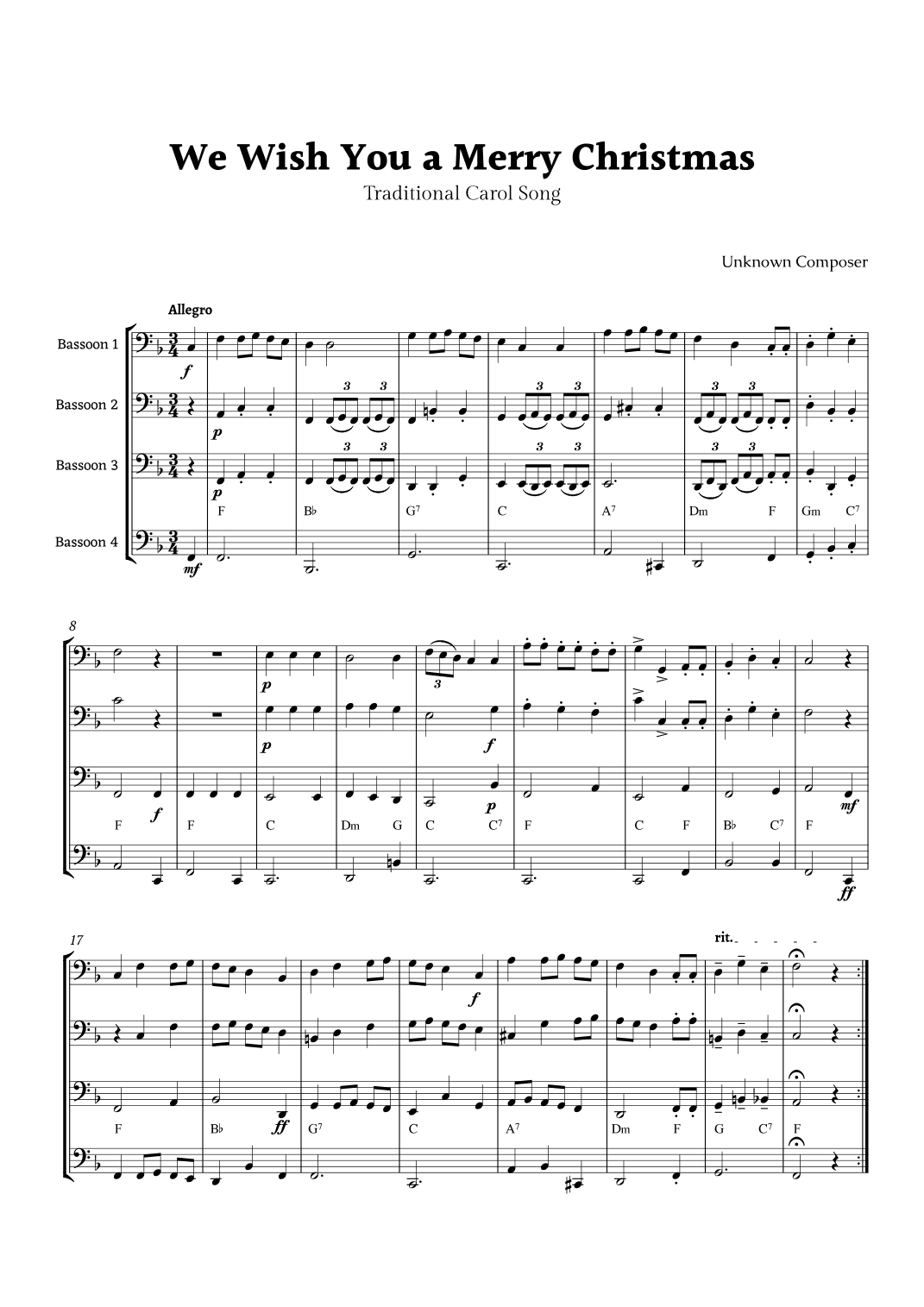 We Wish you a Merry Christmas for Bassoon Quartet  with Chords (arr. Rika K.)