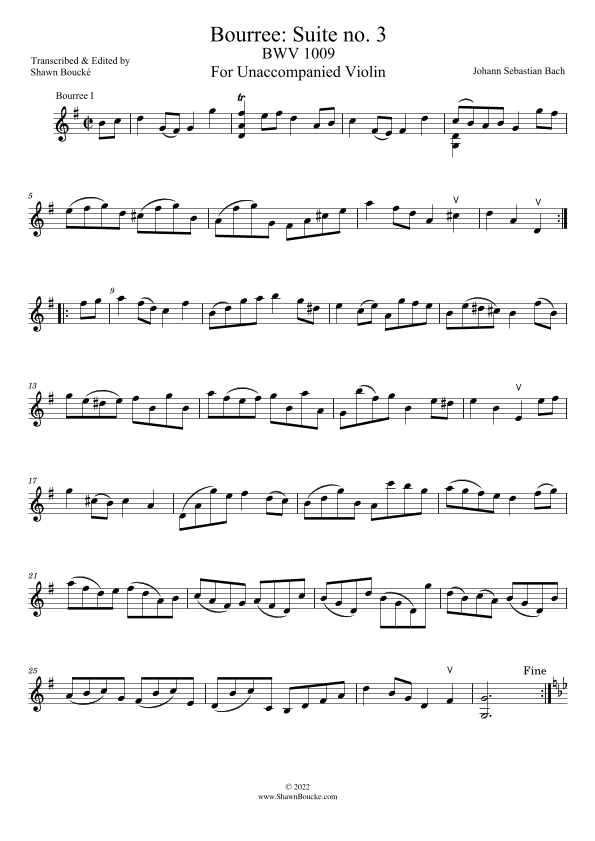 Bourrée from Bach Cello Suite 3 for Unaccompanied Violin (arr. Shawn Boucké)