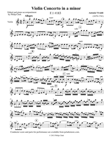 Violin Concerto in a minor F1 #183 (Violin part only) (arr. Philip Clark)
