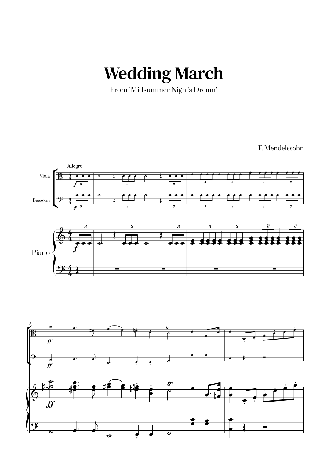 Felix Mendelssohn - Wedding March From Midsummer Night's Dream for Viola, Bassoon and Piano (arr. Cadenza Editions)
