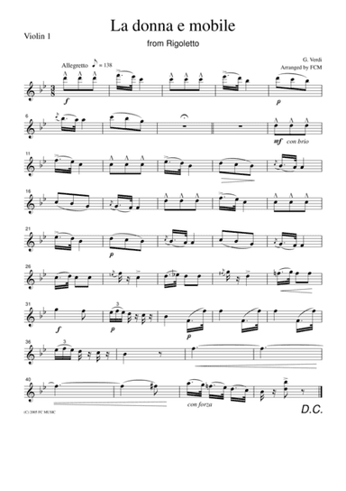 Verdi  La donna e mobile from Rigoletto, for string quartet, CV004 (arr. FCMUSIC)