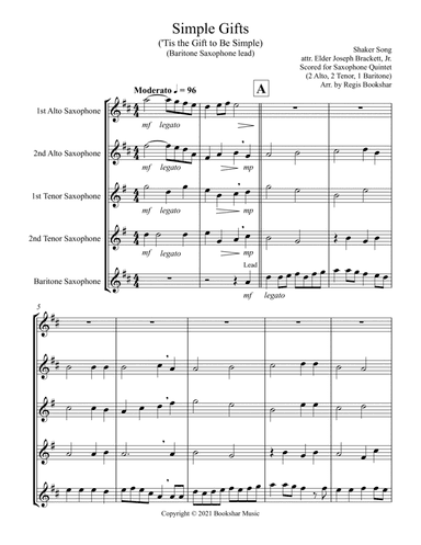 Simple Gifts ('Tis the Gift to Be Simple) (F) (Saxophone Quintet - 2 Alto, 2 Tenor, 1 Bari) (Bariton (arr. Regis Bookshar)