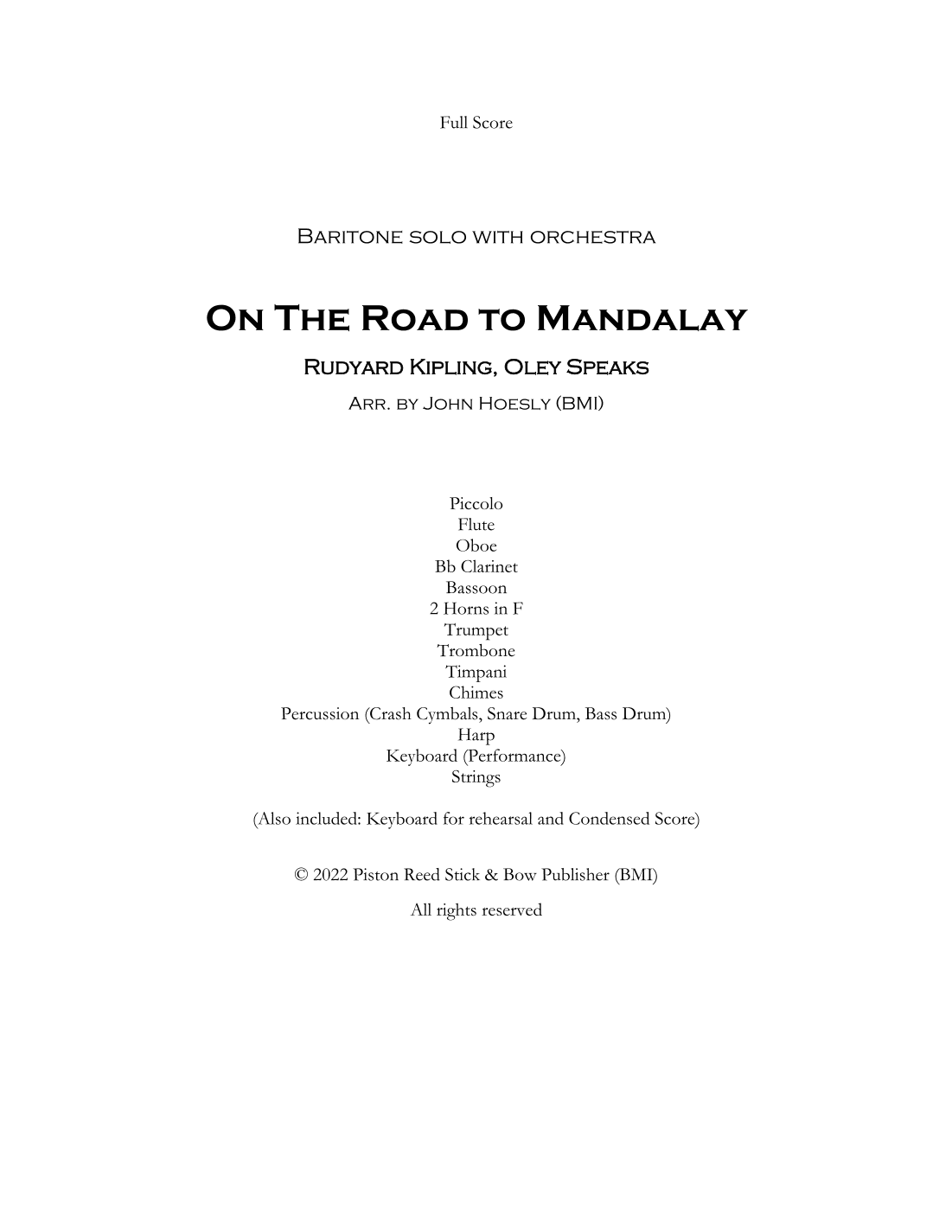 On The road To Mandalay for Baritone and Chamber Orchestra (arr. John Hoesly)