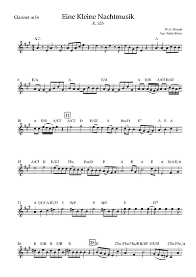 Eine kleine Nachtmusik (W.A. Mozart) for Clarinet in Bb Solo with Chords (Simplified) (arr. Fabio Britto)