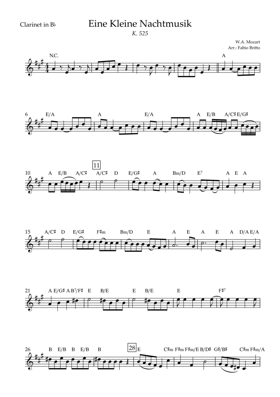 Eine kleine Nachtmusik (W.A. Mozart) for Clarinet in Bb Solo with Chords (Simplified) (arr. Fabio Britto)