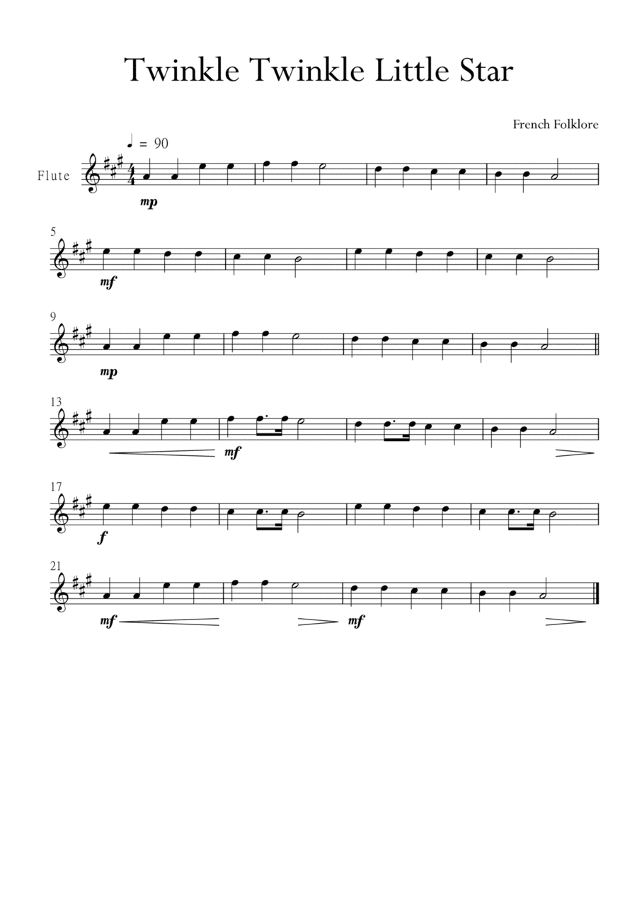 Twinkle Twinkle Little Star for Flute in A Major. Very Easy. (arr. Matheus Araújo)