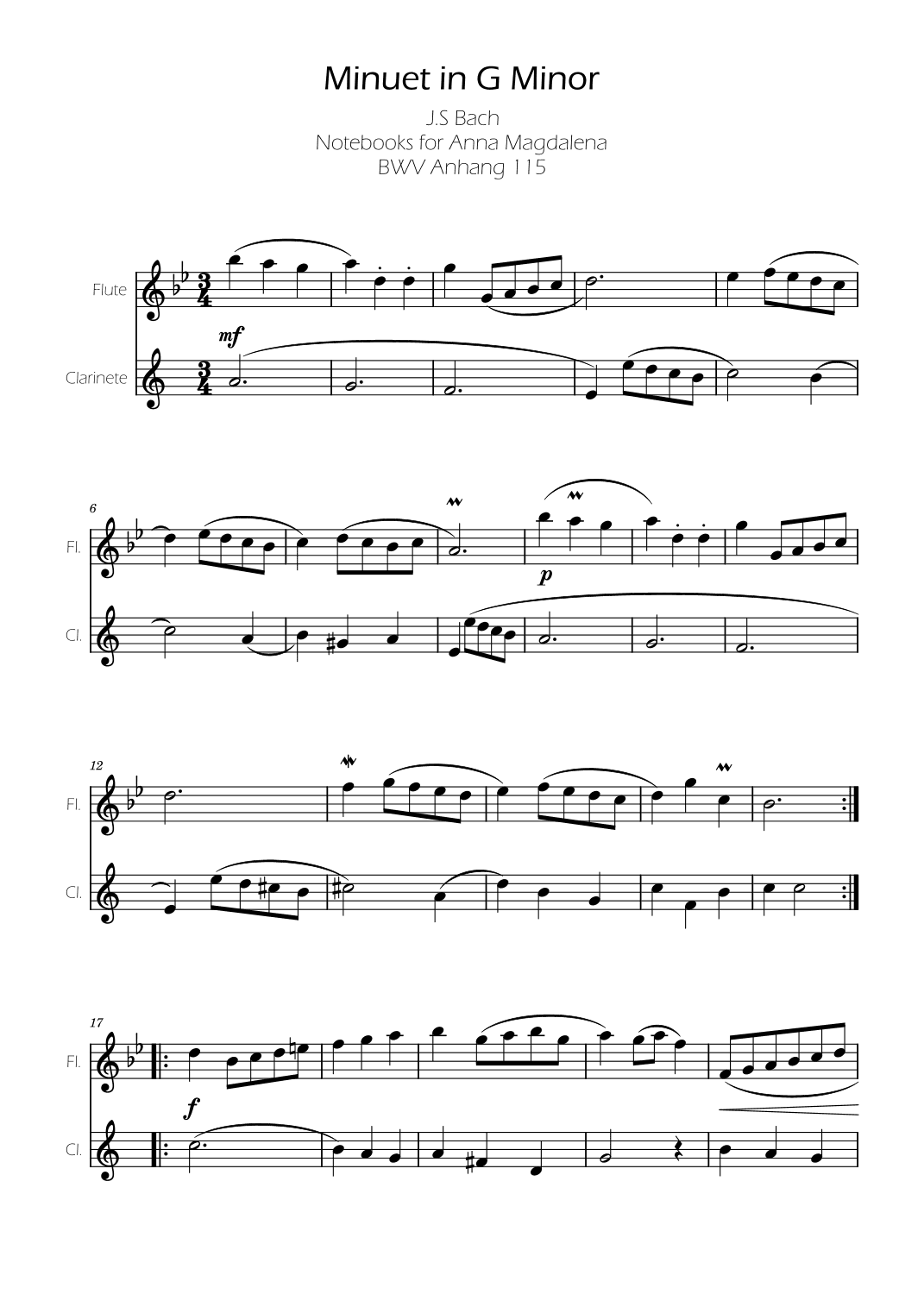 Minuet in G minor BWV Anh. 115 - Bach - Flute and Clarinet (arr. Ygor Nunes Silva)