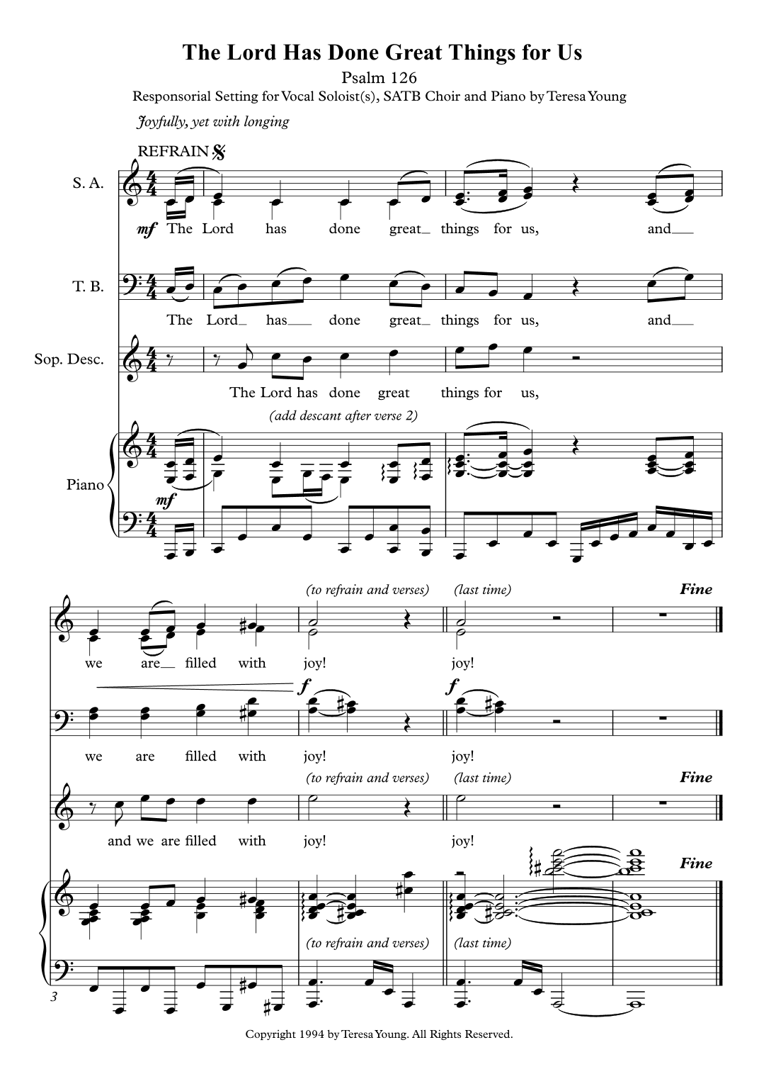 Responsorial Psalm 126, The Lord Has Done Great Things for Us, for Soloist, SATB Choir, and Piano (arr. Teresa Young)