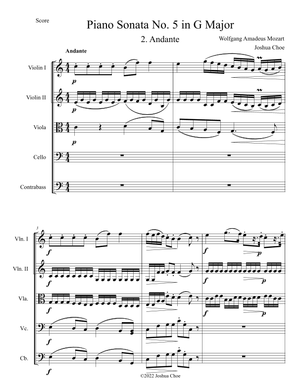 Piano Sonata No. 5 in G Major, Movement 2 (arr. Joshua Choe)