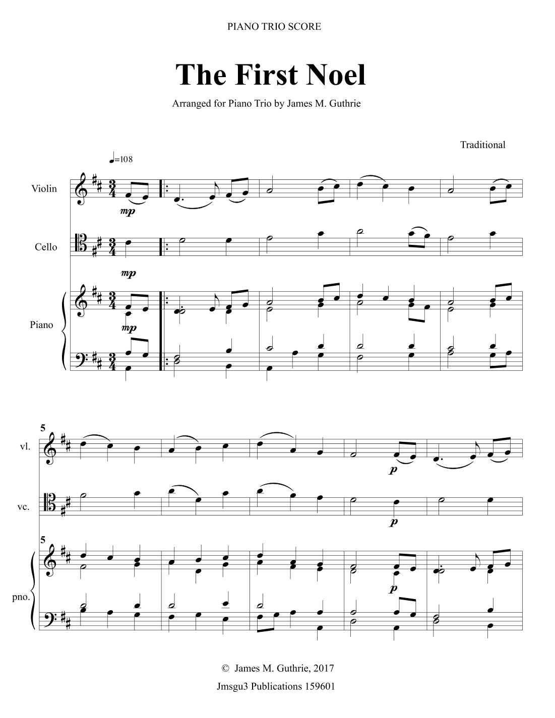 The First Noel for Piano Trio (arr. James M. Guthrie, ASCAP)