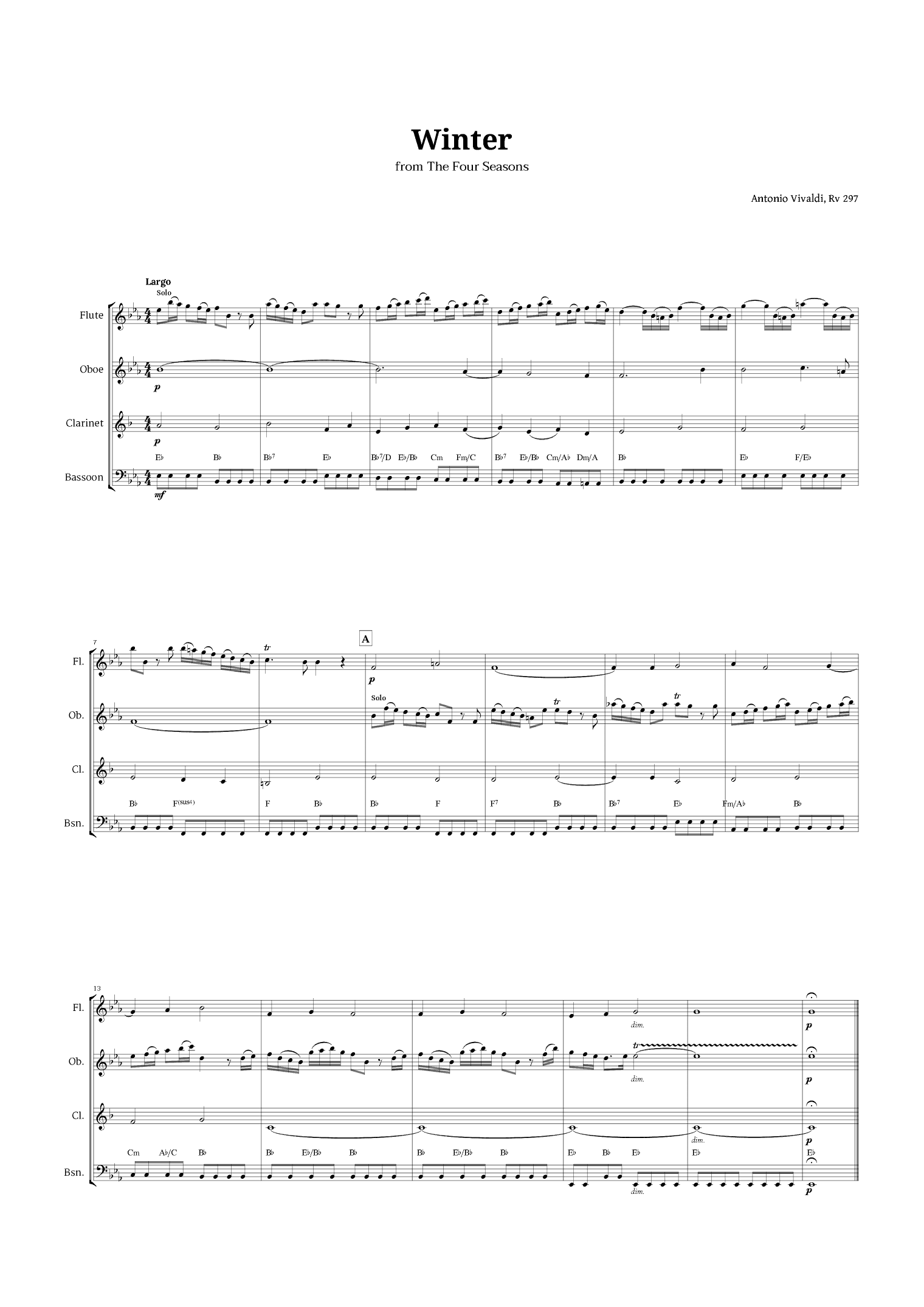 Largo from Winter by Vivaldi for Woodwind Quartet with Chords (arr. Langanho)