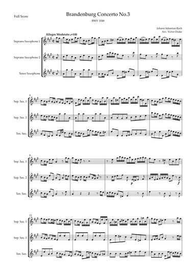Brandenburg Concerto No. 3 in G major, BWV 1048 1st Mov. (J.S. Bach) for Saxophone Trio (arr. Victor Drake)