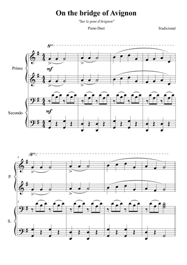 On the bridge of Avignon (Sur le pont d'Avignon) for piano duet (arr. Douglas Passoni de Oliveira)