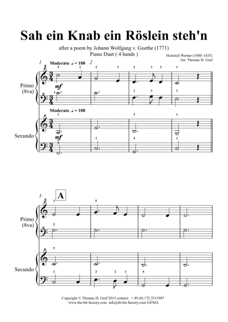 Sah ein Knab ein Roeslein stehn - German Folk Song - Piano Duet (4 Hands) (arr. Thomas H. Graf)