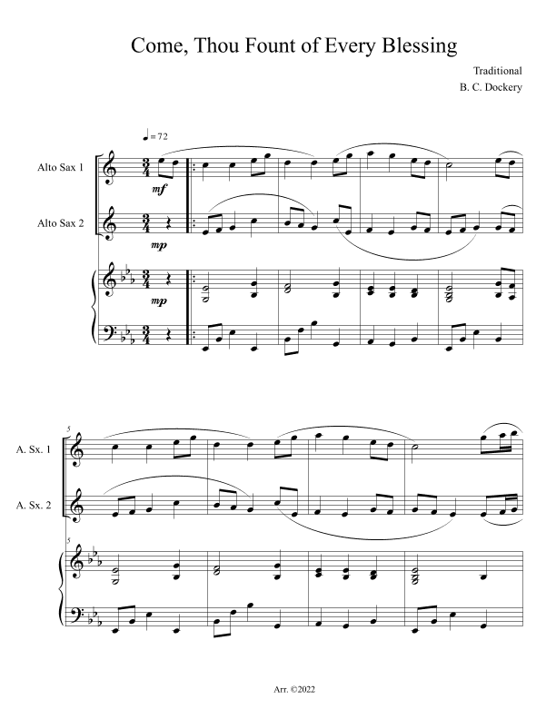 Come, Thou Fount of Every Blessing (Alto Sax Duet with Piano Accompaniment) (arr. B. C. Dockery)