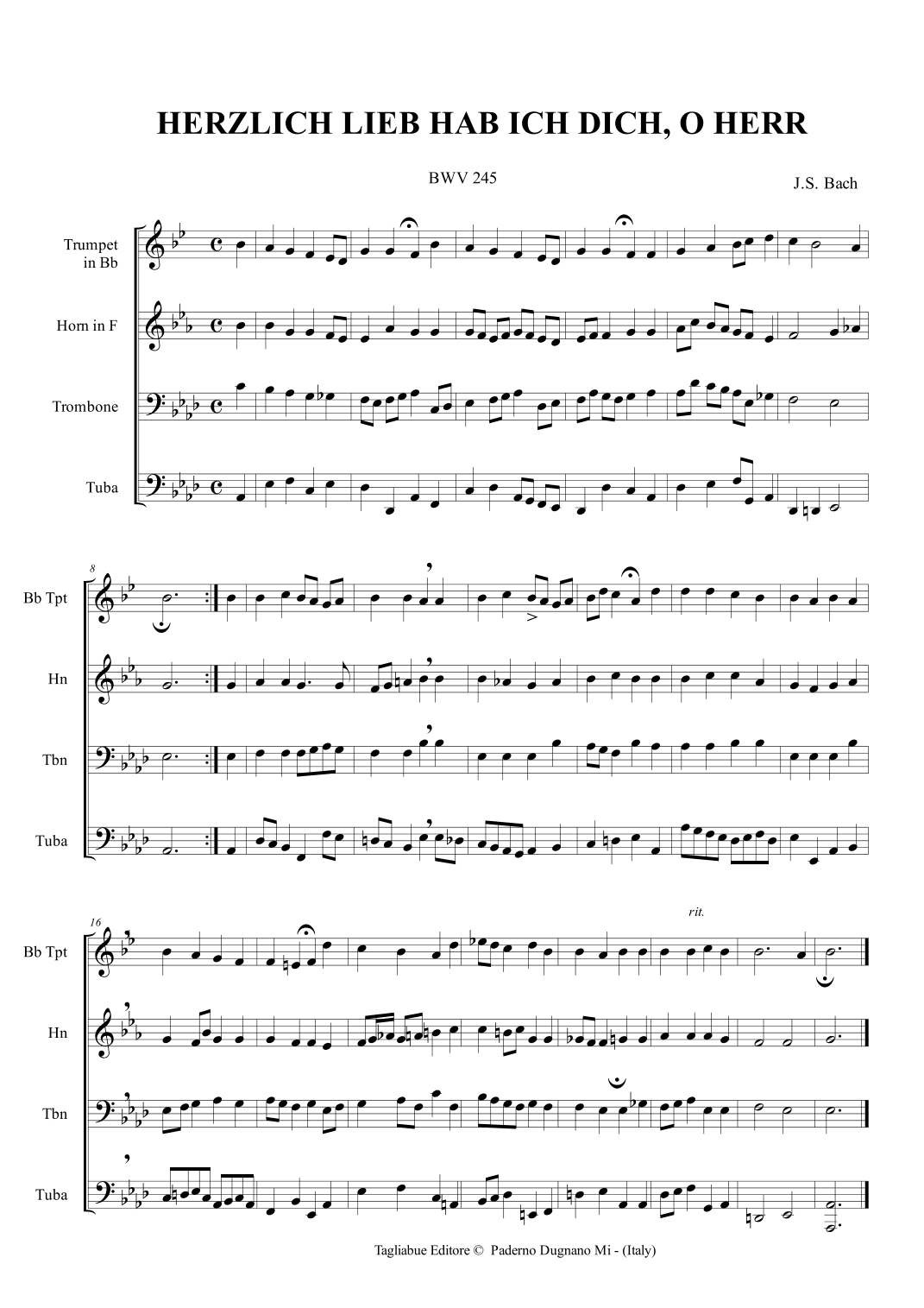 Bach, HERZLICH LIEB HAB ICH DICH, O HERR, BWV 245. Arr. for Brass quartet (arr. Renato Tagliabue)
