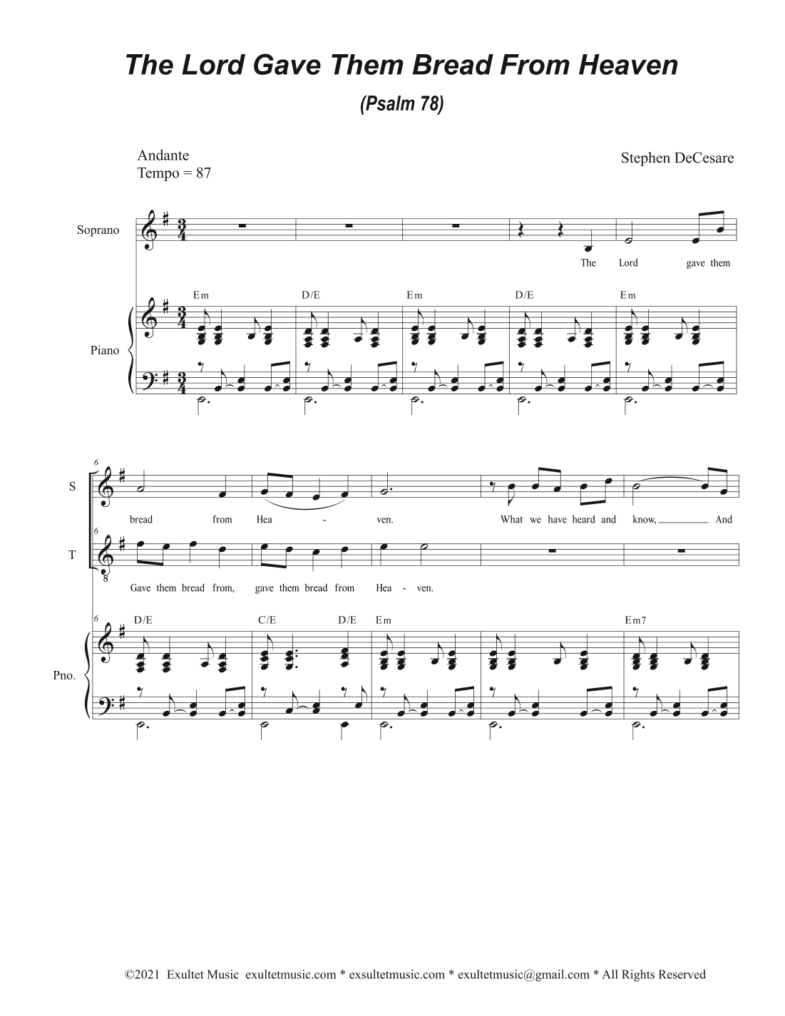 The Lord Gave Them Bread From Heaven (Psalm 78) (Duet for Soprano and Tenor solo)