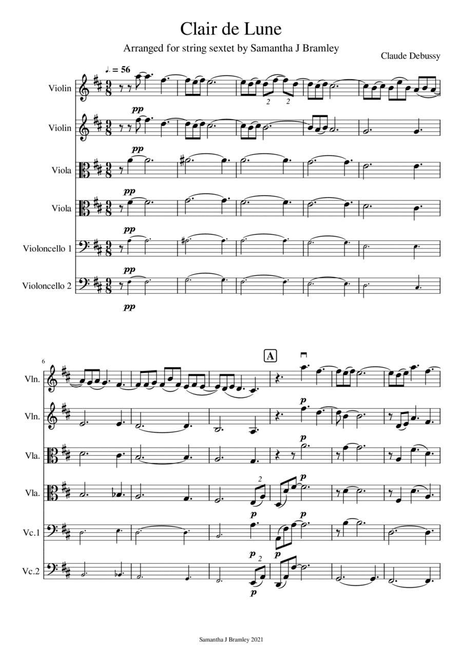 Clair de Lune by Claude Debussy for string sextet (arr. Samantha J Bramley)