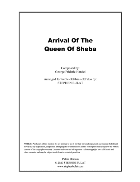 Arrival Of The Queen Of Sheba (Handel) - violin/cello duo or other treble clef/bass clef instruments (arr. Stephen Bulat)