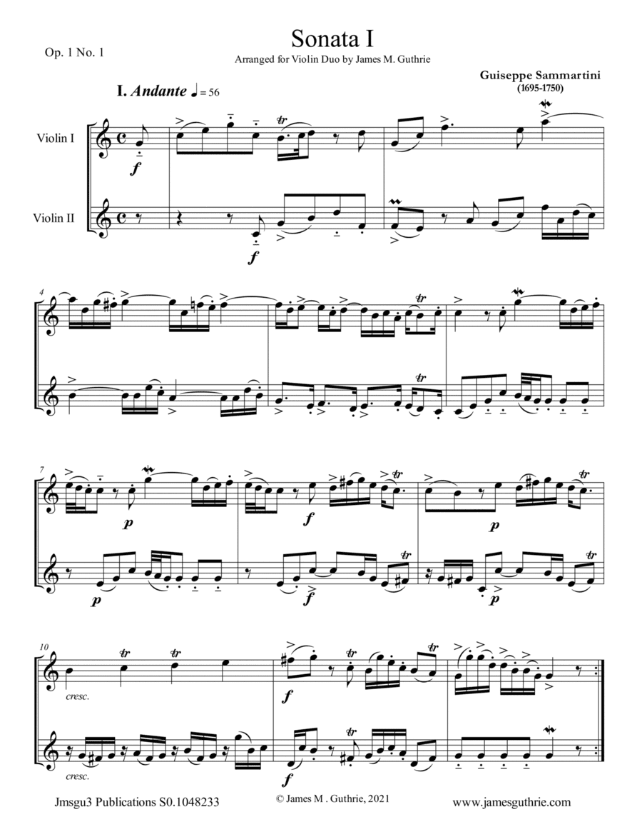 Sammartini: Sonata Op.1 No.1 for Violin Duo (arr. James M. Guthrie)