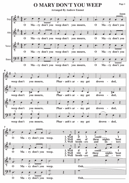 O Mary Don't You Weep A Cappella SATB (arr. Andrew Emmet)