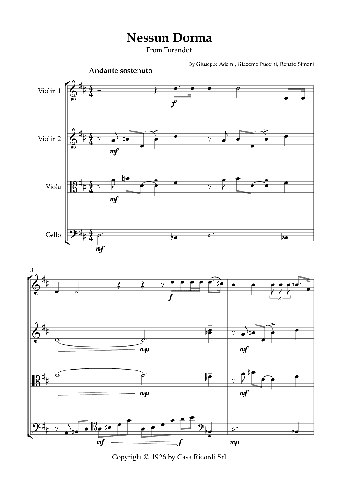 Nessun Dorma - String Quartet (arr. Karen Gueiros)