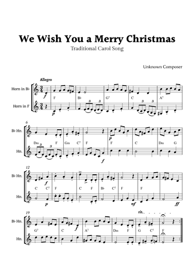 We Wish you a Merry Christmas for Horn in F and B-Flat Horn Duet with Chords (arr. Rika K.)