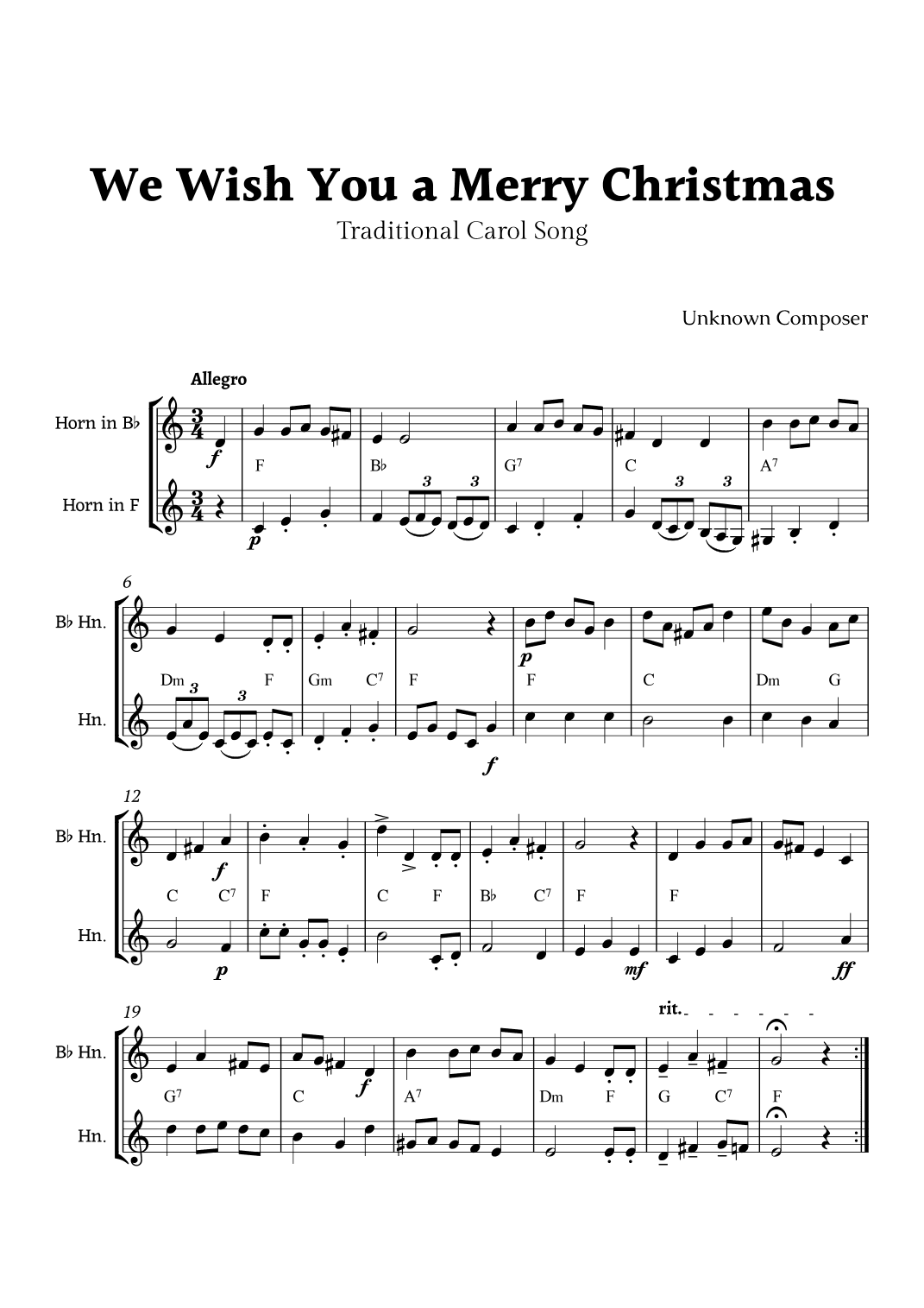 We Wish you a Merry Christmas for Horn in F and B-Flat Horn Duet with Chords (arr. Rika K.)