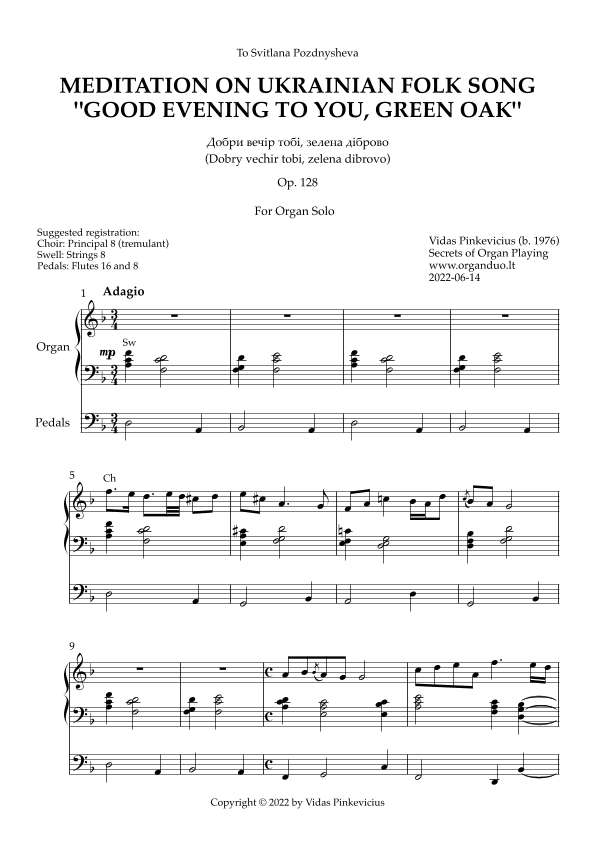 Meditation on Ukrainian Folk Song "Good Evening to You, Green Oak", Op. 128 (Organ Solo)
