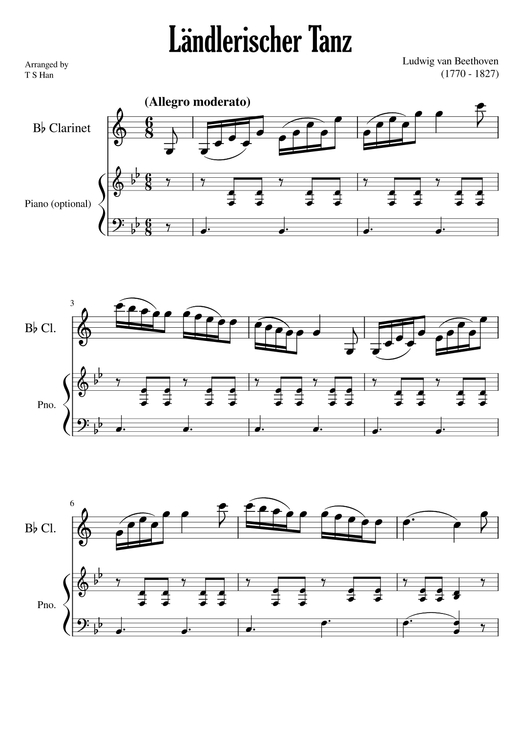 Beethoven Ländlerischer Tanz for Clarinet and Piano (arr. T S Han)
