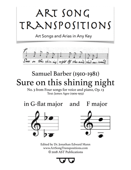 Sure On This Shining Night, Op. 13, No. 13 (arr. ArtSongTranspositions.com)