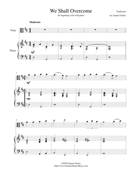 We Shall Overcome - for beginning viola with optional piano accompaniment (arr. Samuel Stokes)