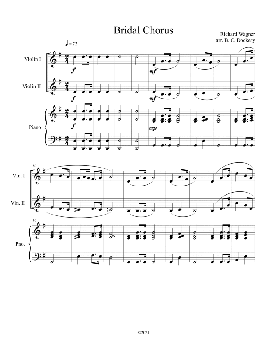 Bridal Chorus (Here Comes the Bride) for 2 Violins and Piano (arr. B. C. Dockery)