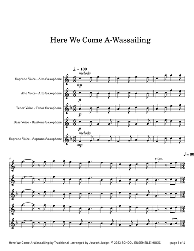 Here We Come A Wassailing for Saxophone Quartet in Schools (arr. Joseph Judge)