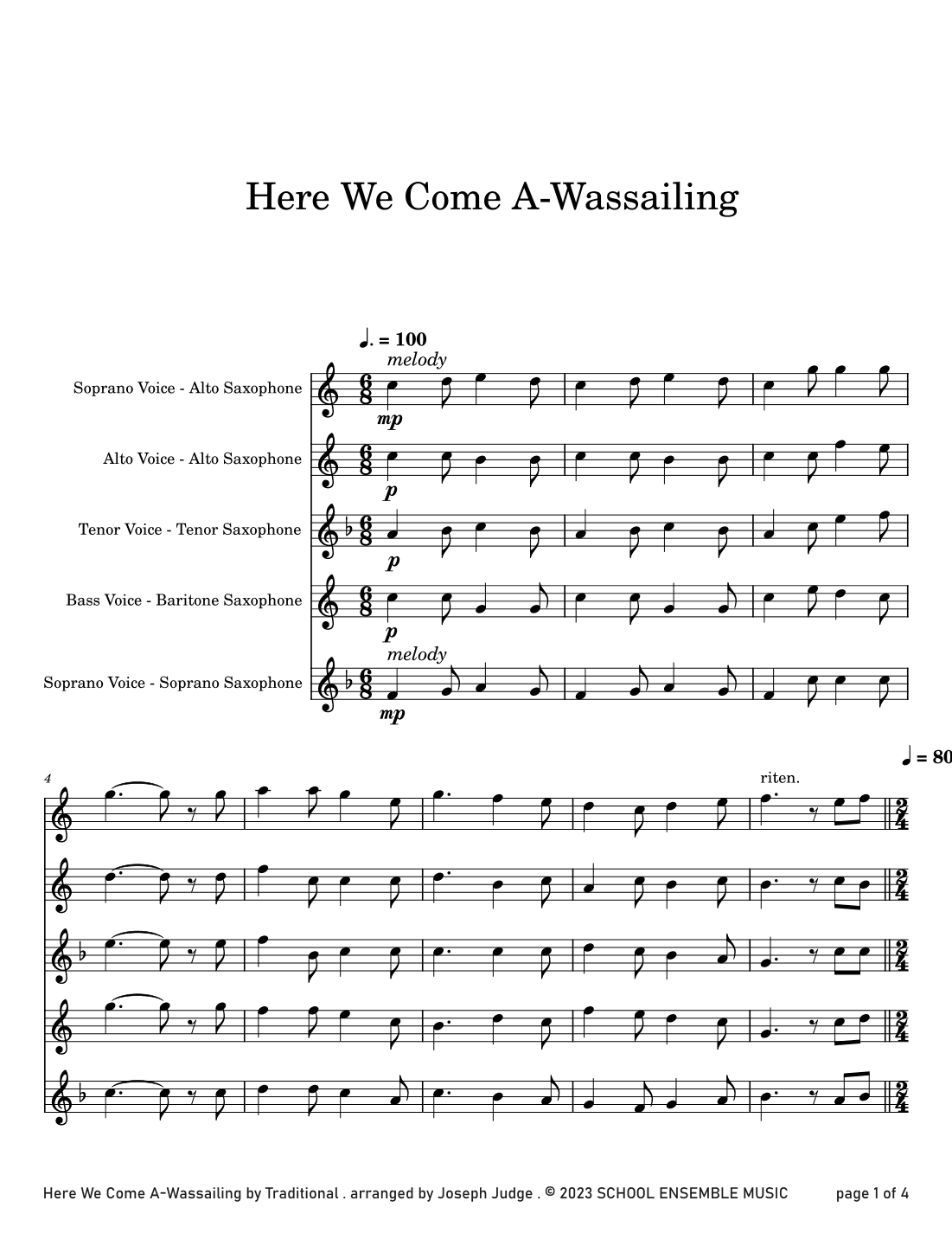 Here We Come A Wassailing for Saxophone Quartet in Schools (arr. Joseph Judge)