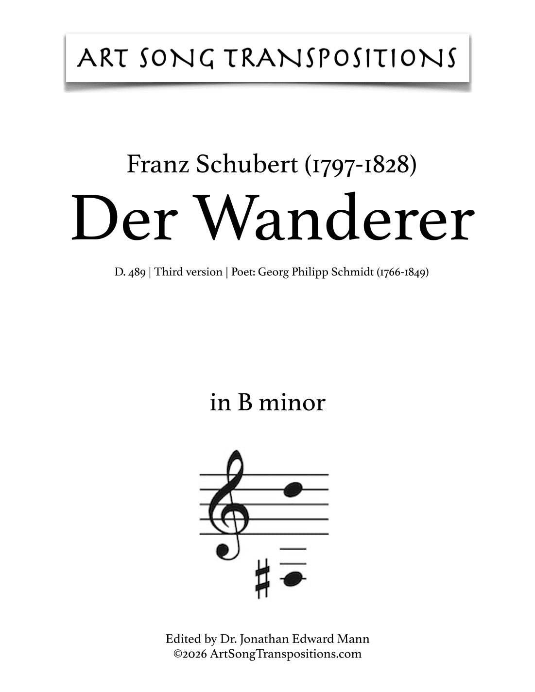 SCHUBERT: Der Wanderer, D. 493 (transposed to B-flat minor) (arr. ArtSongTranspositions.com)