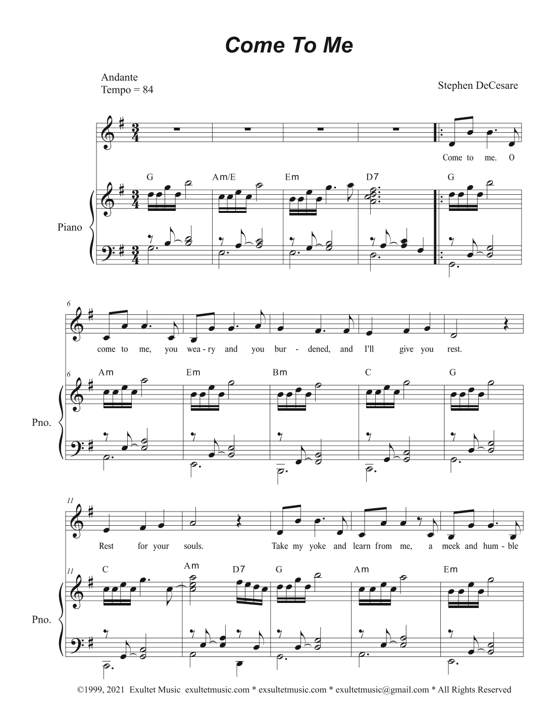 Come To Me (Unison choir - (Medium Key)