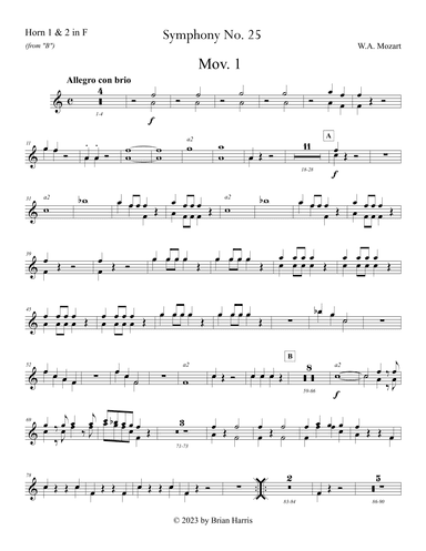 Mozart - Symphony No. 25 in G minor - transposed parts for Horn in F (Hn. 1, 2, 3, 4) (arr. Brian Harris)