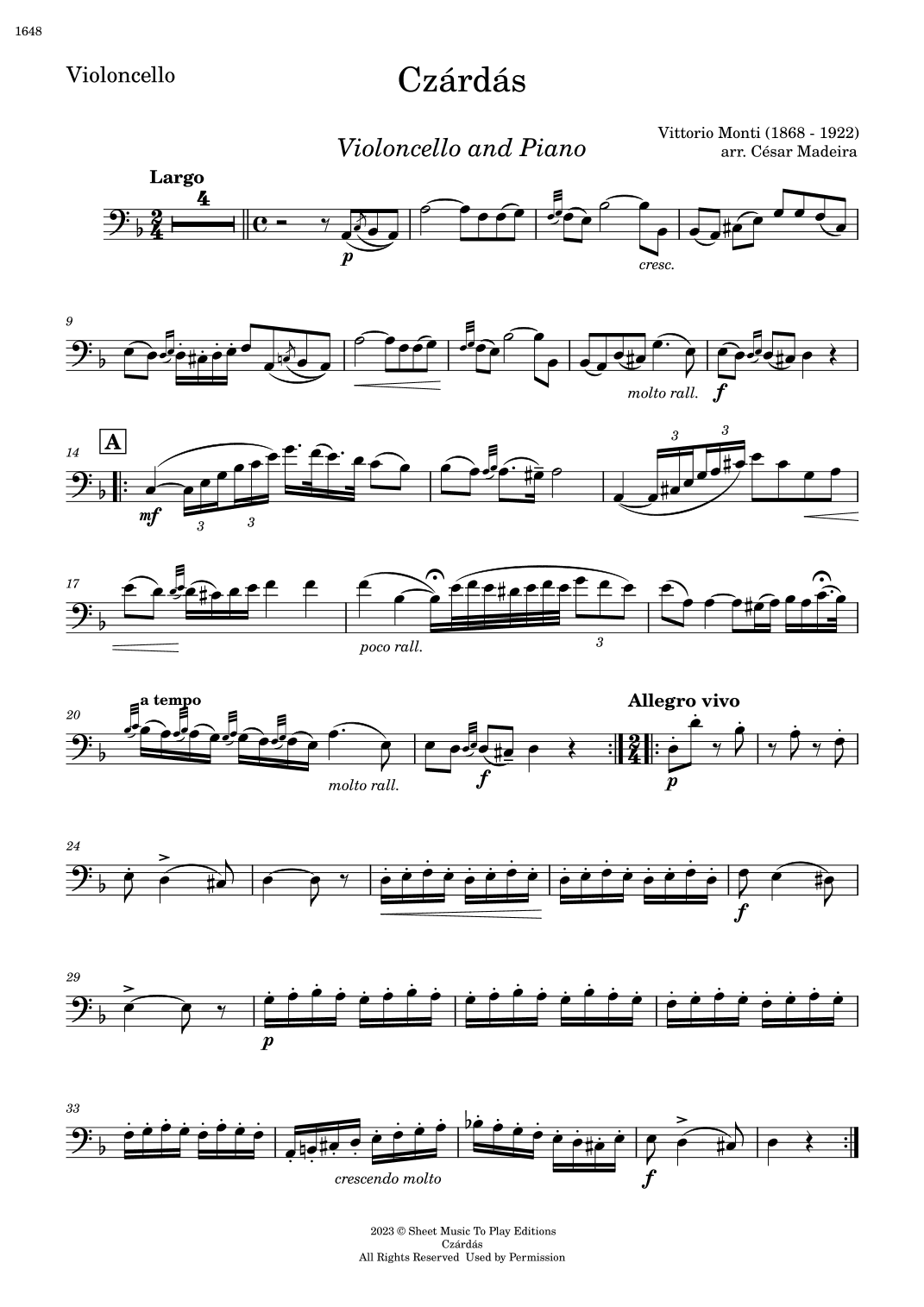 Czardas - Cello and Piano (Individual Parts) (arr. César Madeira)