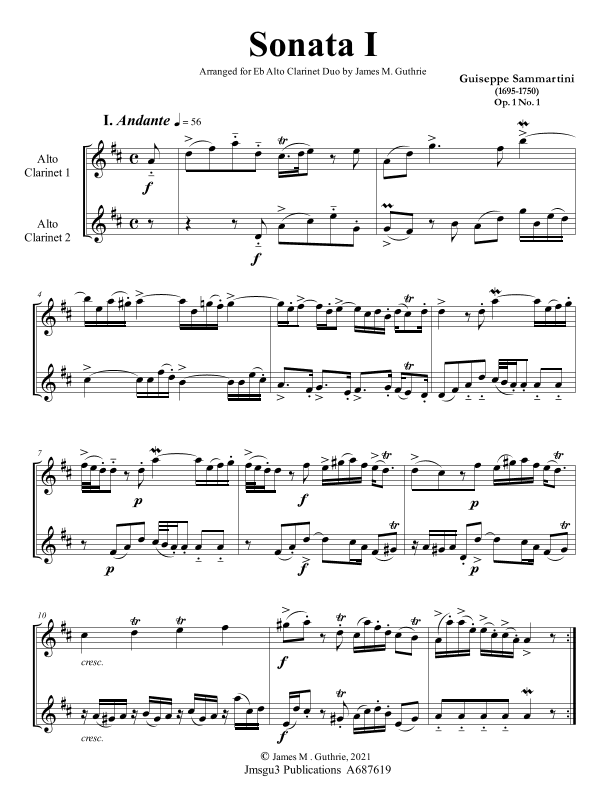 Sammartini: Sonata Op. 1 No. 1 for Alto Clarinet Duo (arr. James M. Guthrie)